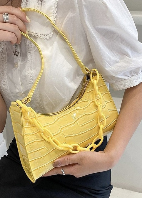 Жіноча маленька сумочка через плече багет рептилія крокодиляча шкіра жовта No Brand (259470398)