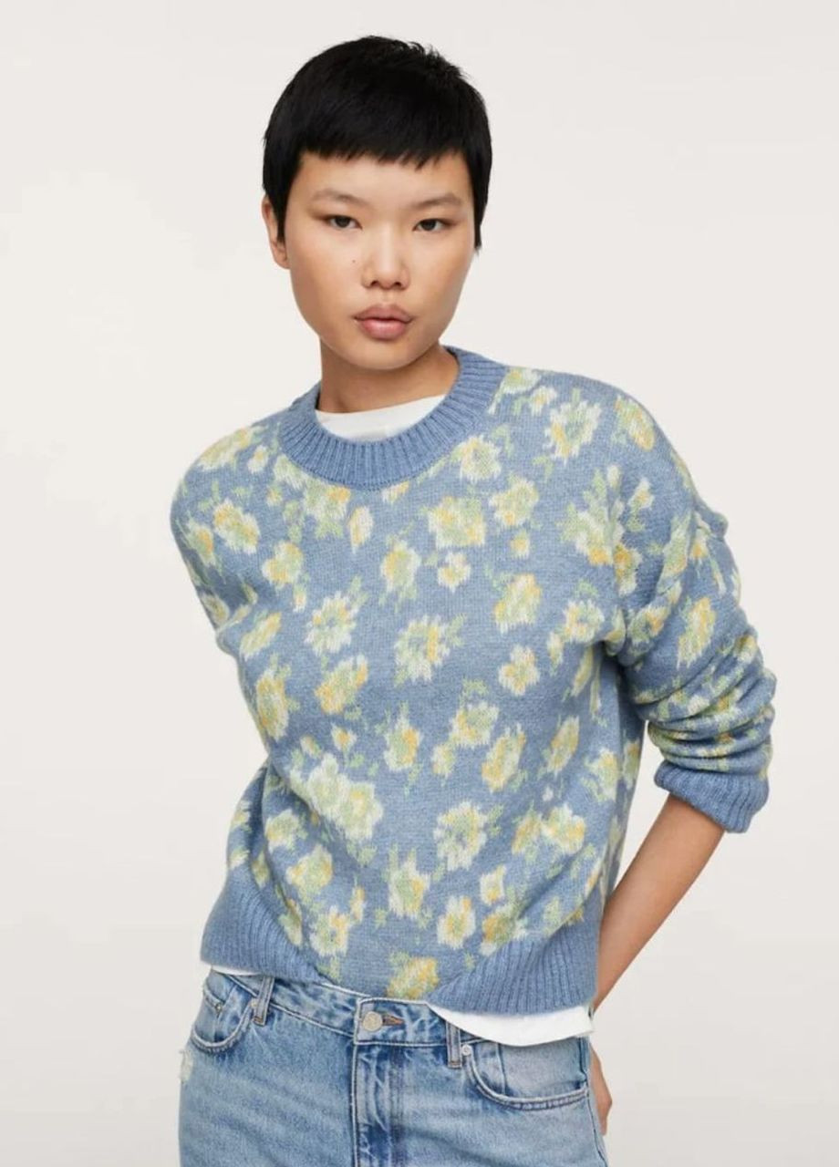 Комбинированный демисезонный вязаный свитер с принтом Mango