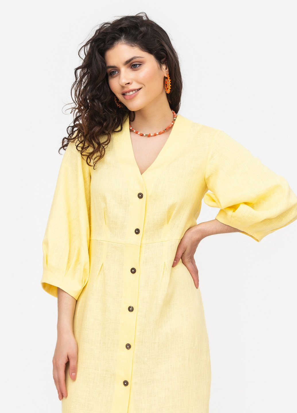 Світло-жовтий повсякденний сукня міді з пишними рукавами лимонна футляр MORANDI однотонна