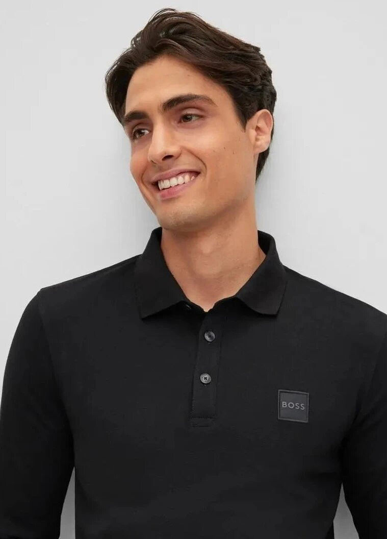 Черная футболка-поло мужское с длинным рукавом для мужчин Hugo Boss с логотипом
