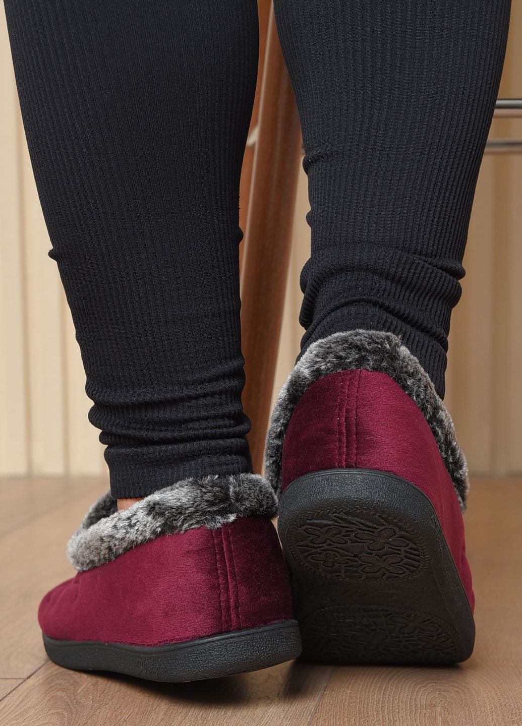 Бордовые тапочки женские на меху бордового цвета с рисунком Let's Shop с мехом