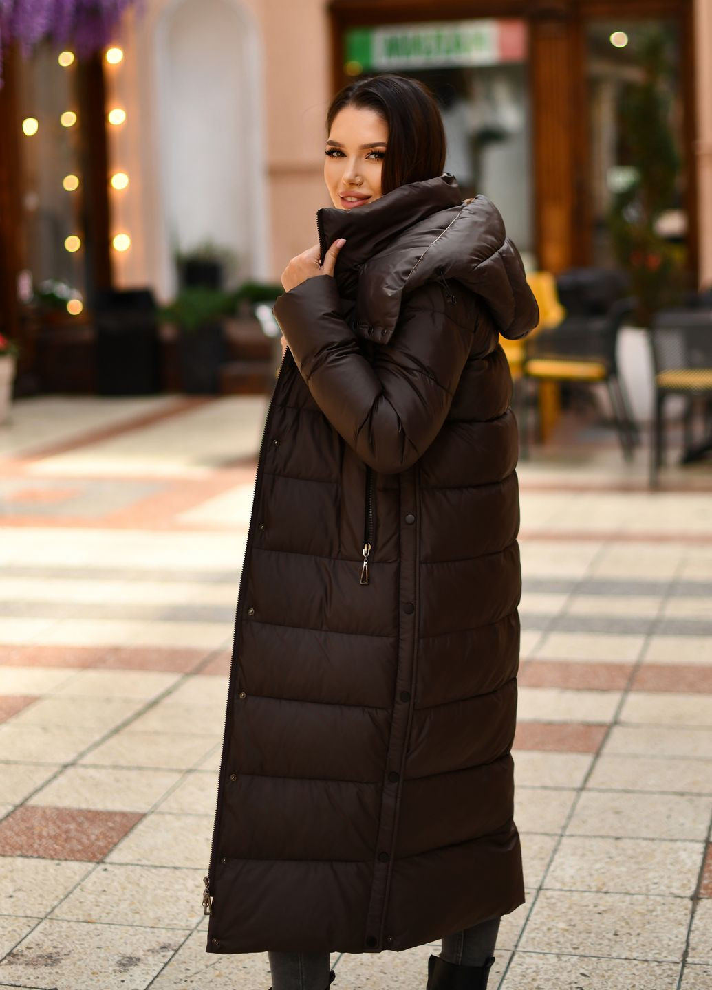 Темно-коричневое зимнее Женское длинное прямое пальто мокко 80642 Fodarlloy