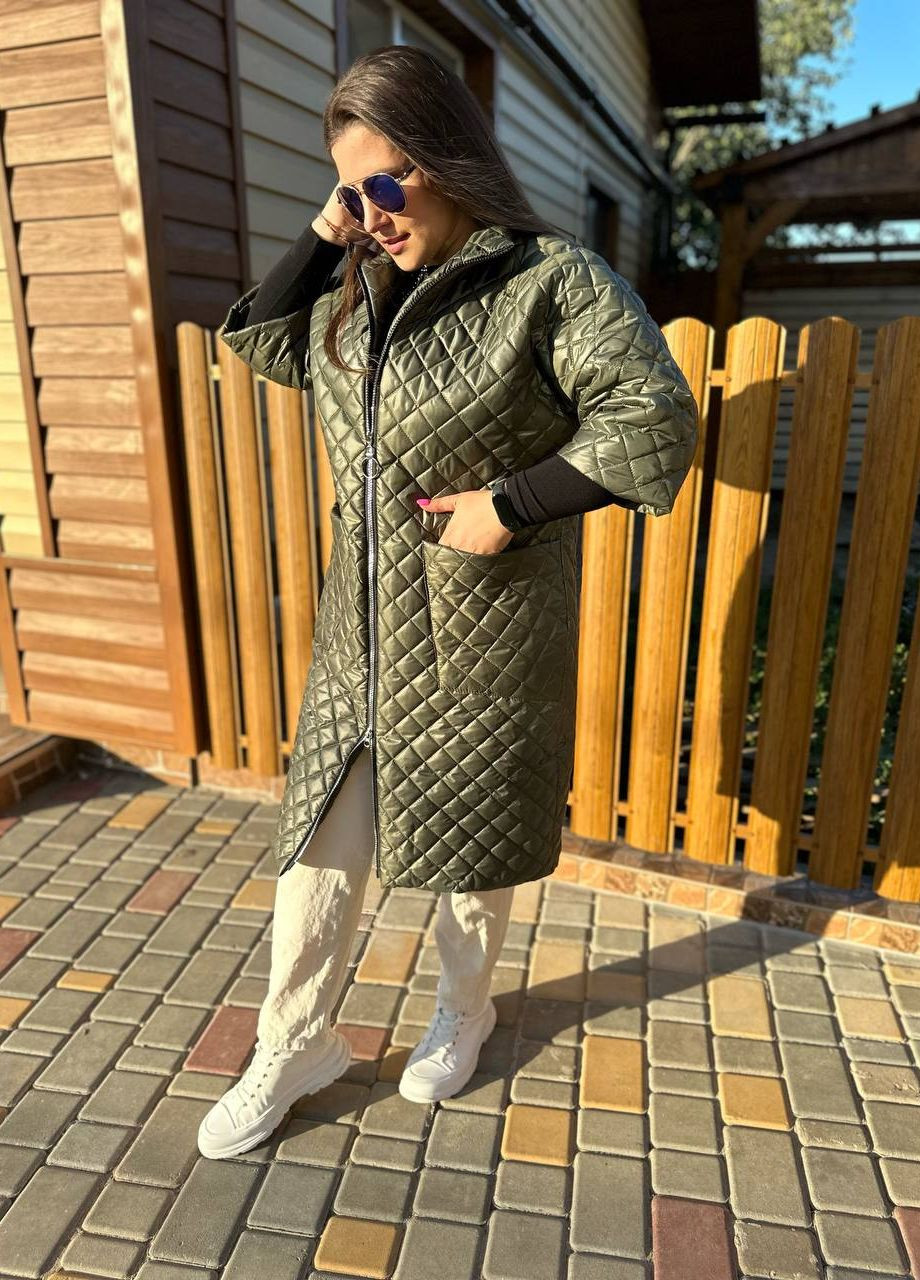 Оливкова (хакі) жіноча куртка-пальто із плащової тканини кольору хакі р.48 439668 New Trend