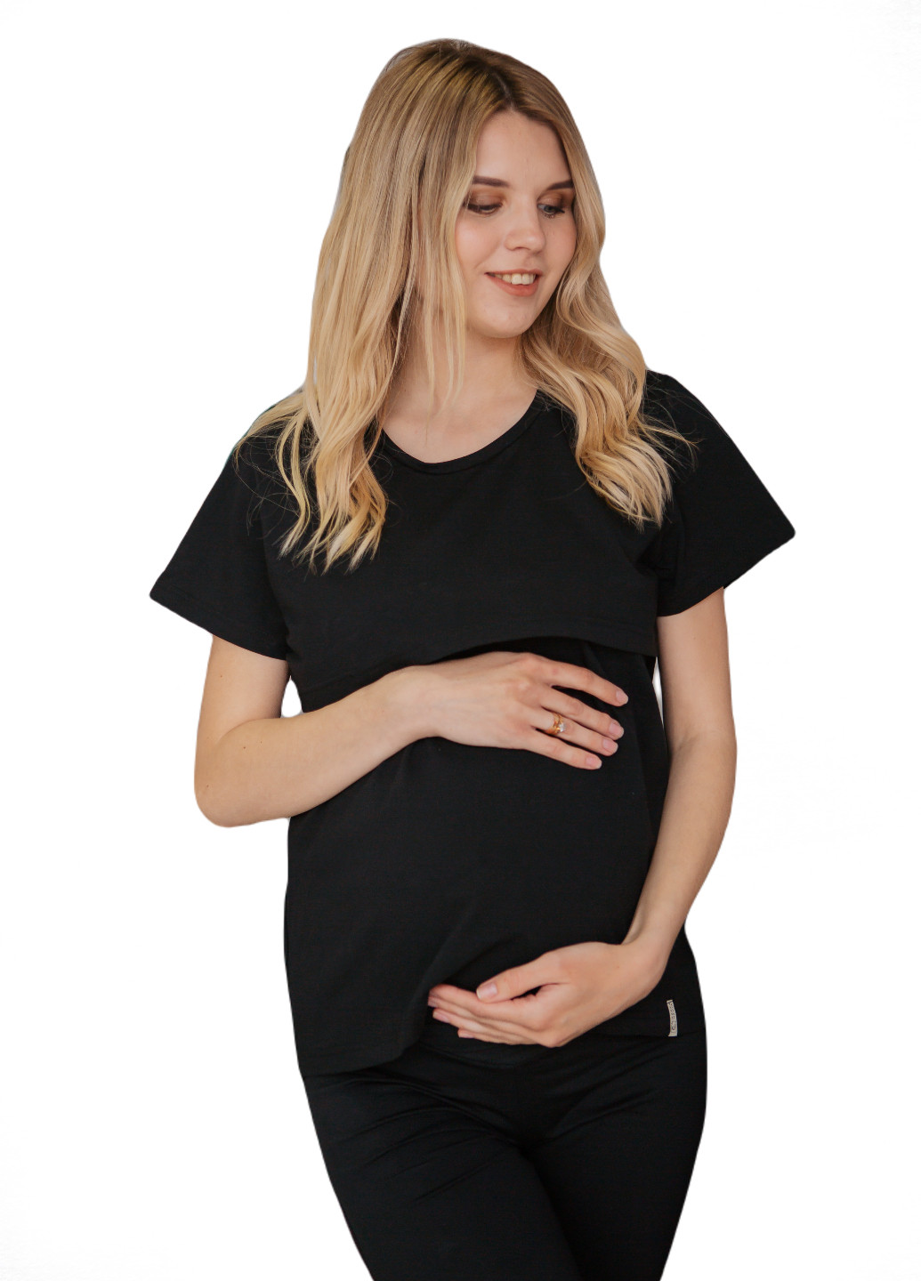 Чорна всесезон футболка для вагітних з секретом для годування з коротким рукавом HN