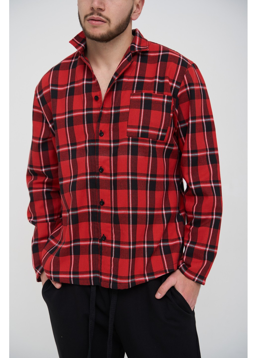 Пижама мужская с рубашкой клеточка красная с черным + штаны прямые черные Handy Wear (275793055)