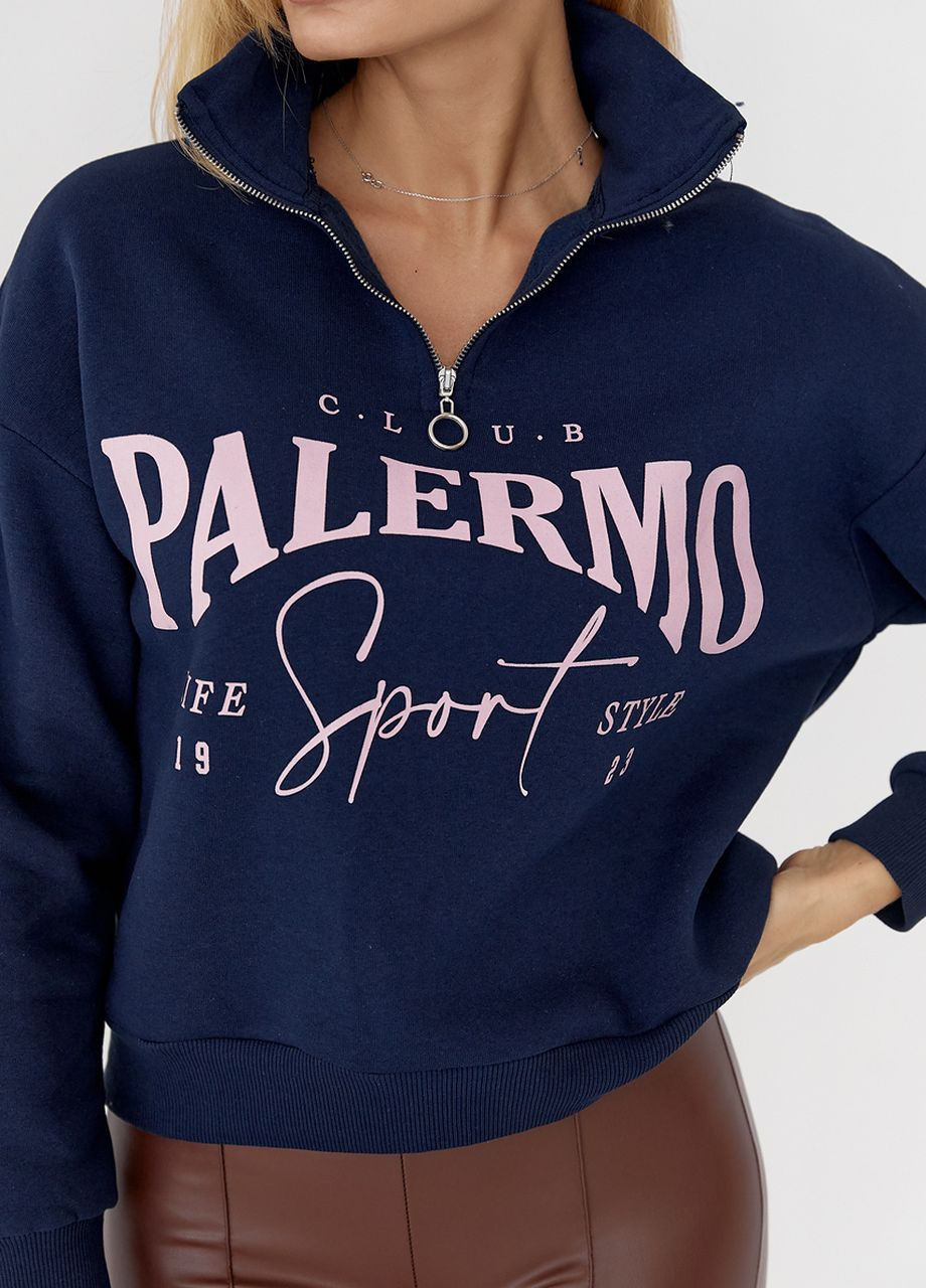 Утепленный свитшот с молнией на горловине и надписью Palermo - темно-синий Lurex - Свободный крой темно-синий повседневный трикотаж - (267084672)