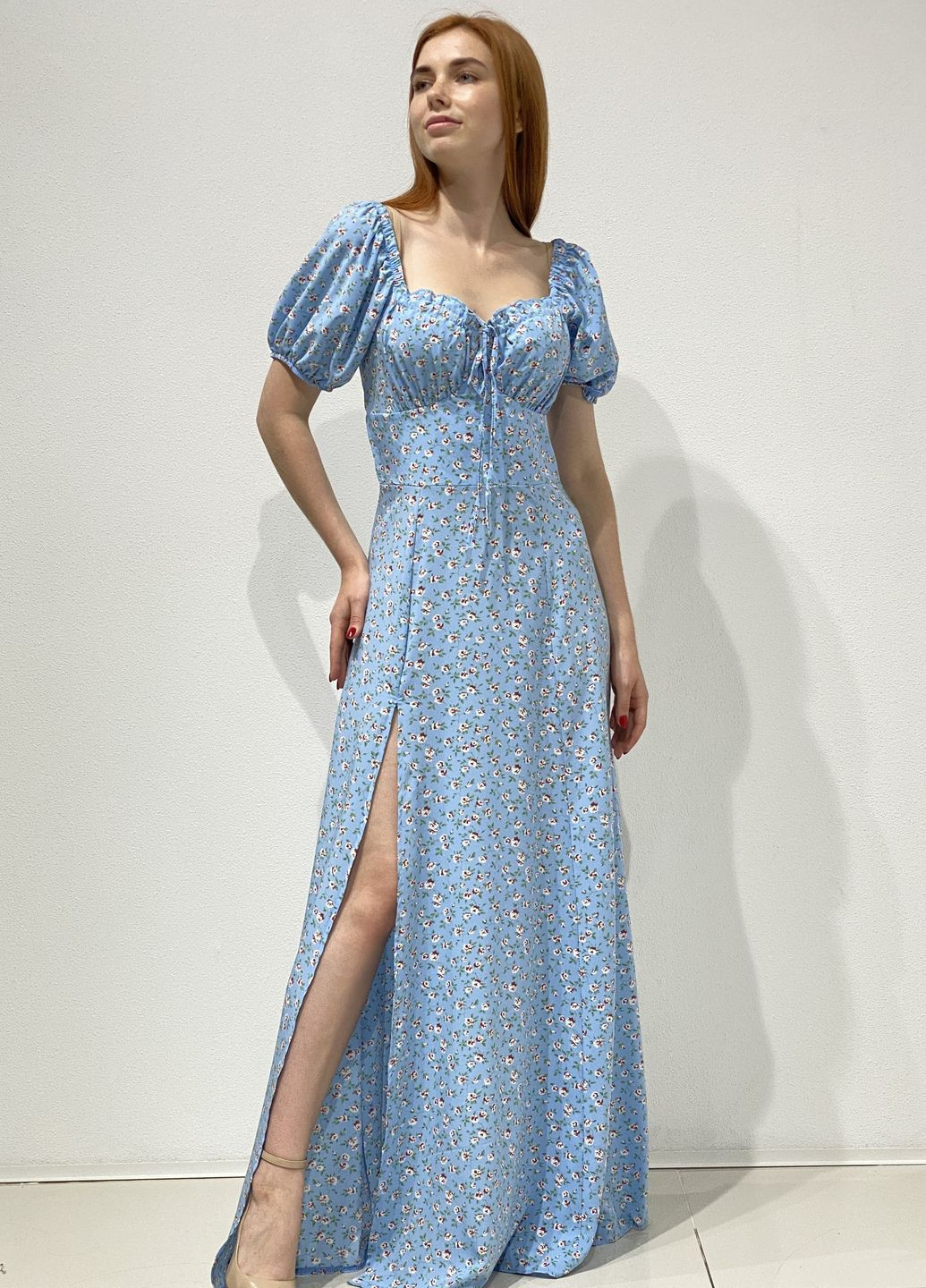 Блакитна кежуал плаття з розрізом CHICLY з квітковим принтом