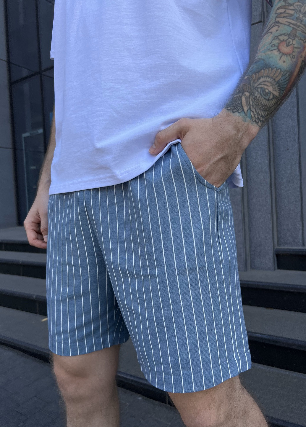 Мужские шорты серо-голубые в белую полоску, лен. Cosy (259967197)