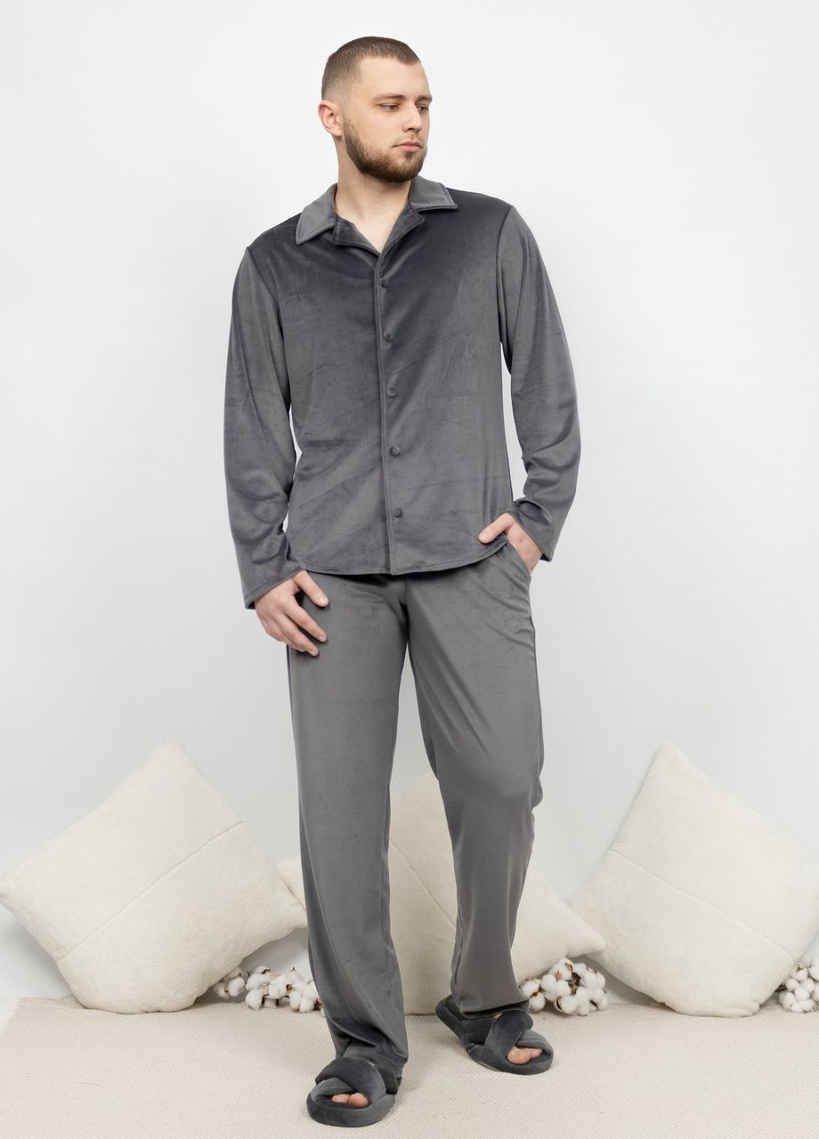 Пижама костюм мужской домашний велюровый рубашка со штанами Графит Maybel (276970334)