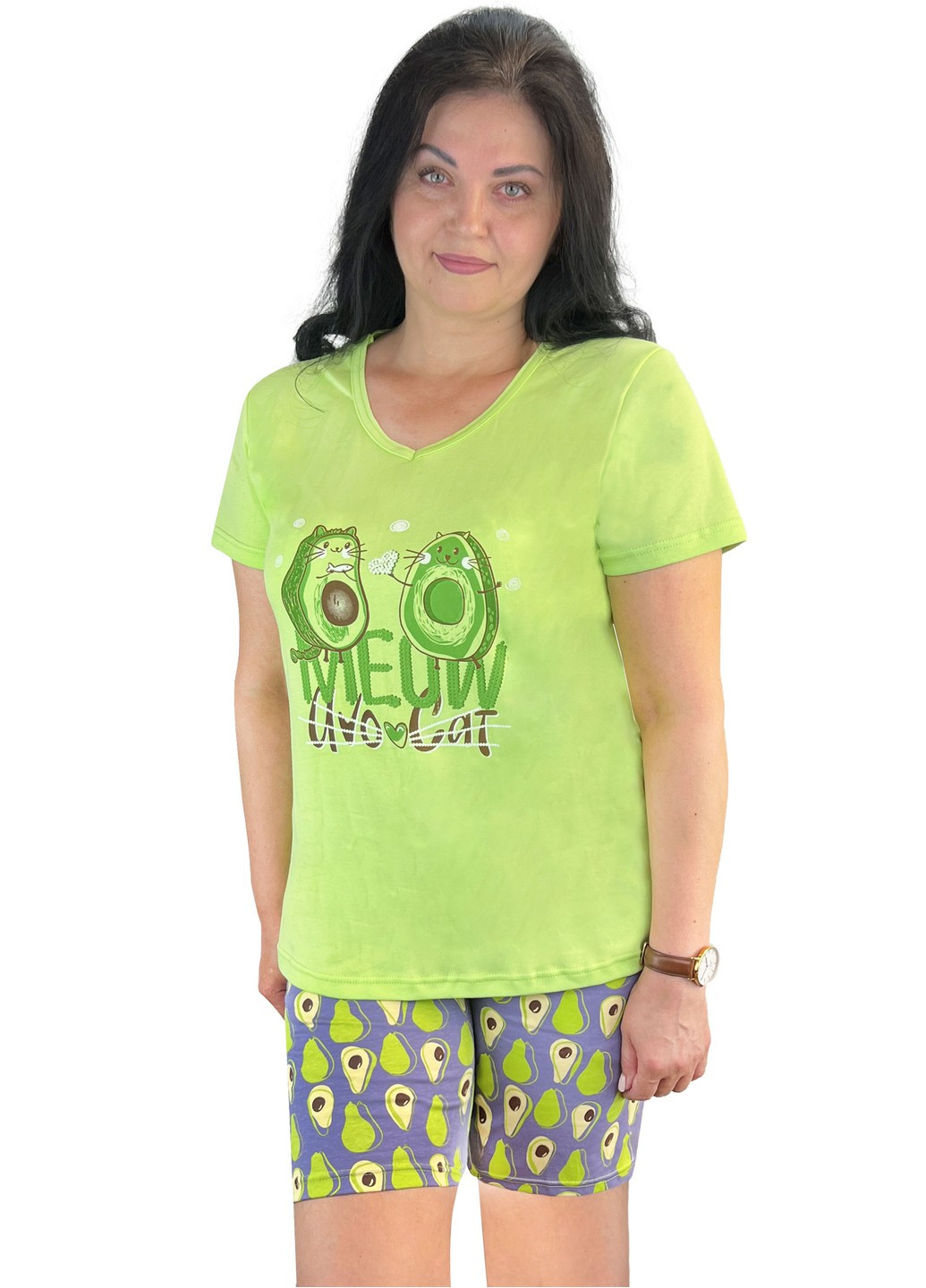 Салатовая всесезон пижама футболка с шортами авокадо майка + шорты Жемчужина стилей 4606