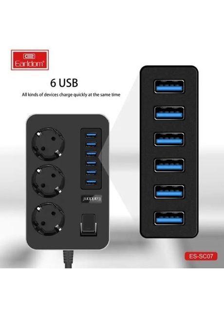 Сетевой удлинитель Earldom (6 USB портов, 1 Type-C, 3.1A, 2M кабель, европейская вилка, с выключателем ) - Черный China es-sc07 (276255632)