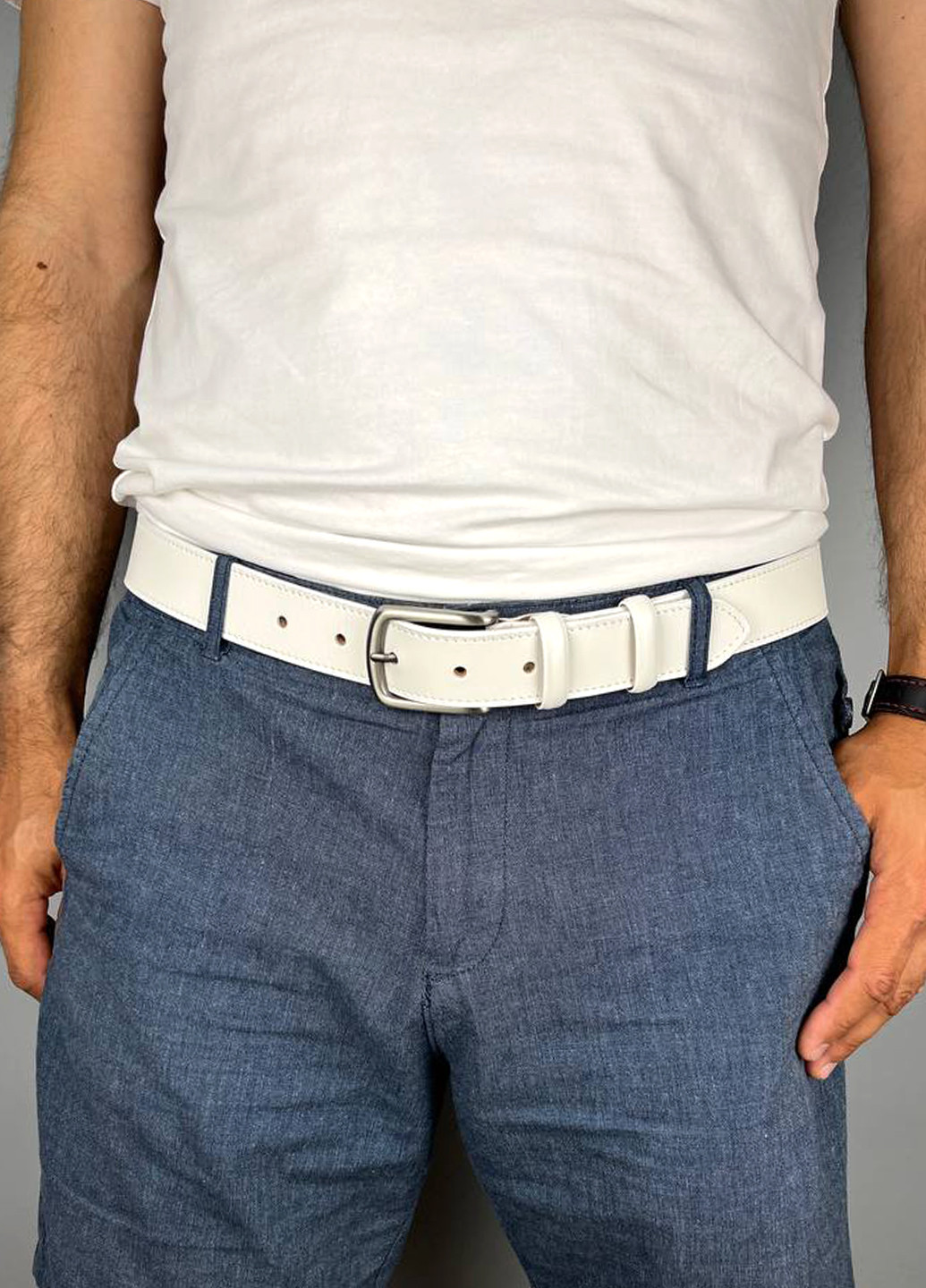 Ремінь чоловічий шкіряний PS-3405 (130 см) молочний під брюки класичний Puos (260581935)