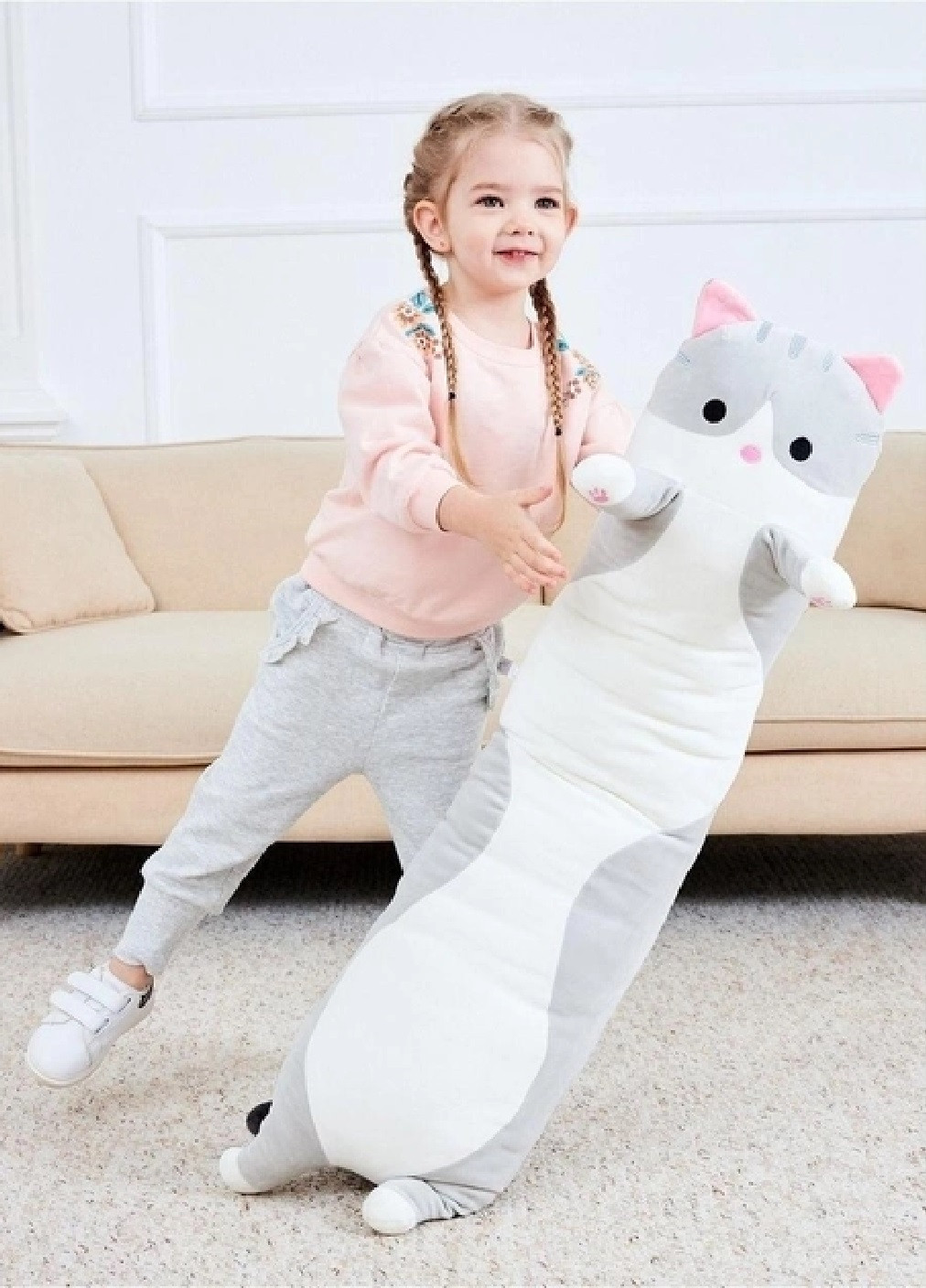Дитяча м'яка плюшева довга іграшка подушка обіймашка антистрес кіт Батон 50 см (475327-Prob) Сіра Unbranded (265625897)