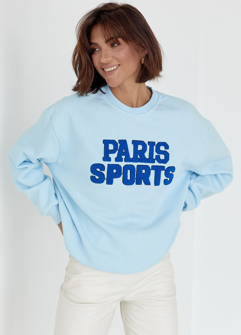 Теплый свитшот на флисе с надписью Paris Sports - голубой Lurex - Свободный крой голубой повседневный трикотаж - (264559150)