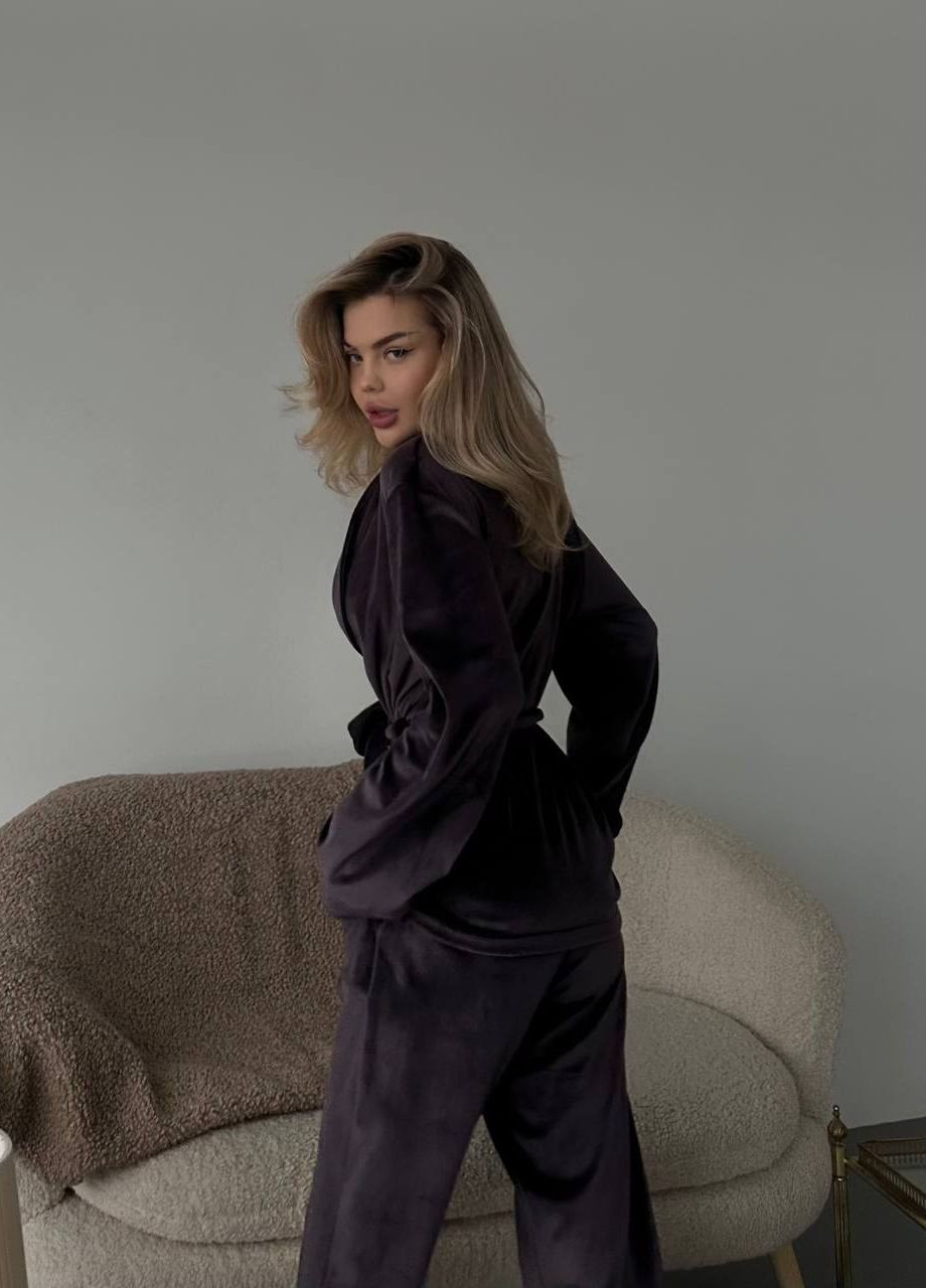 Фіолетова велюрова однотонна жіноча піжама штани+халат Simply sexy