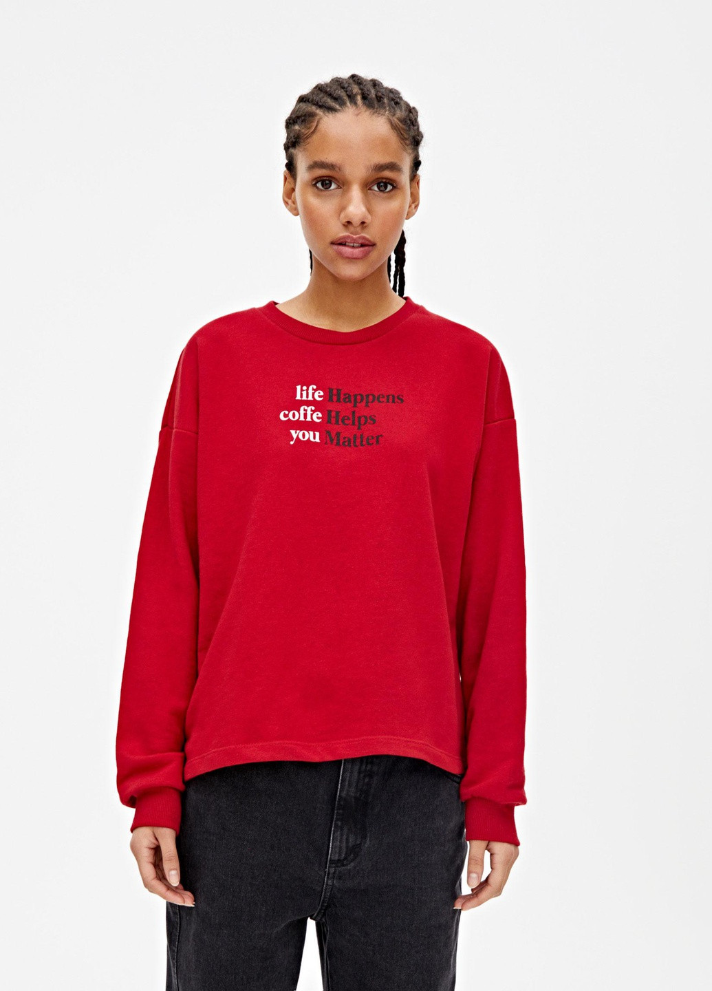 Красный світшот демісезон,червоний з принтом, Pull & Bear (257386731)