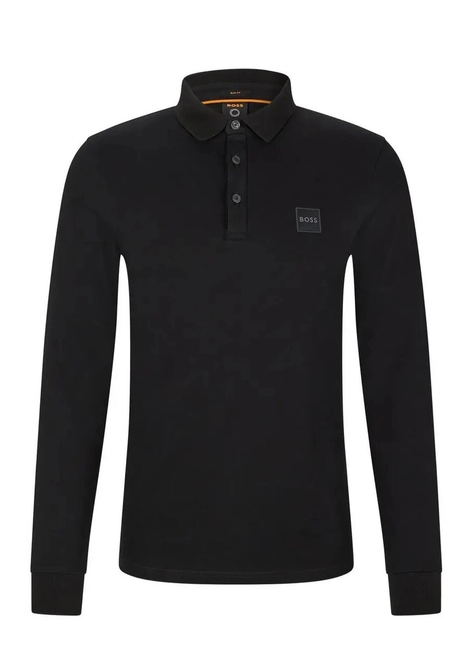 Черная футболка-поло мужское с длинным рукавом для мужчин Hugo Boss с логотипом