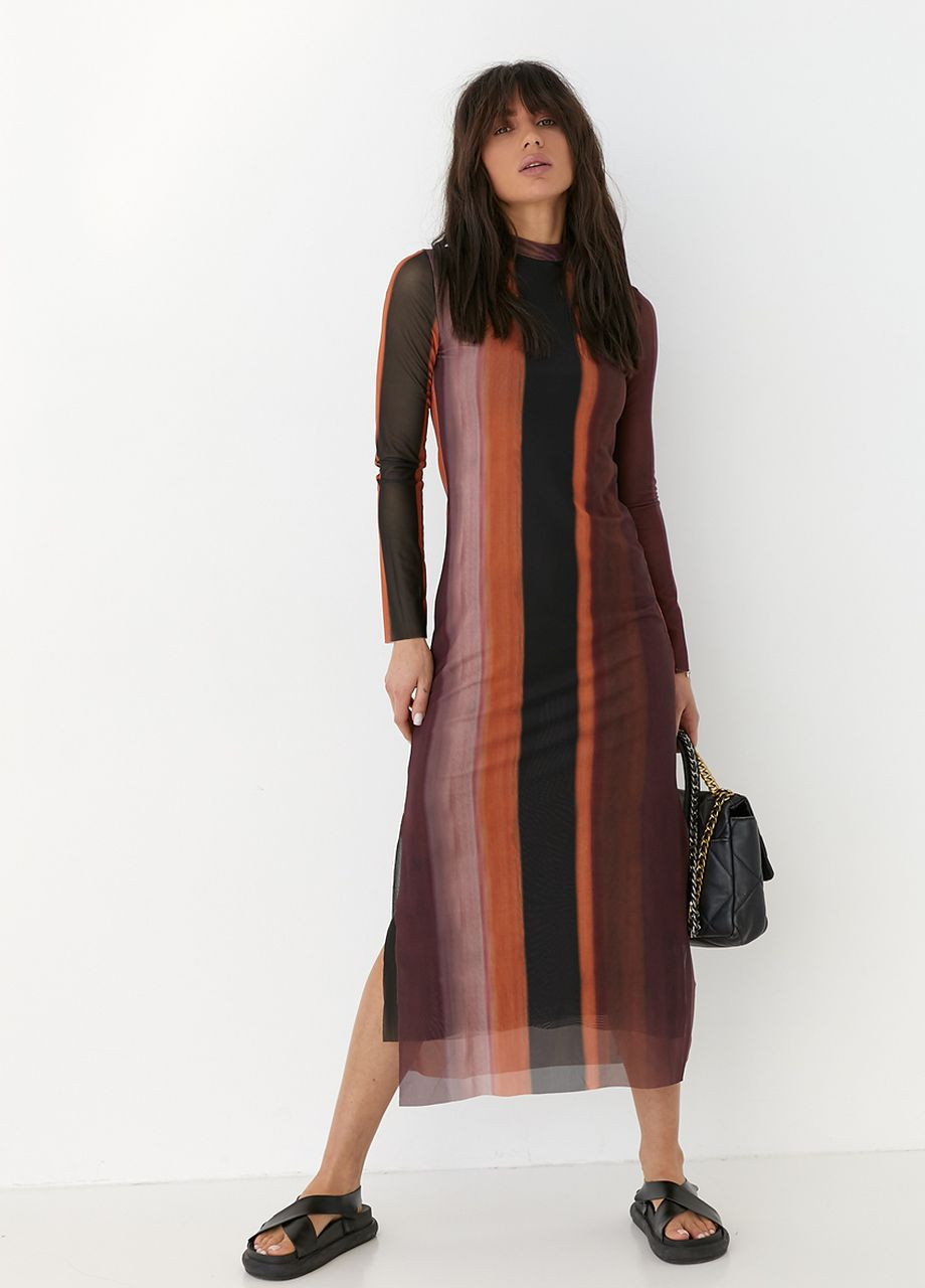 Коричневое кэжуал платье из сетки прямого фасона с распорками - коричневый Lurex