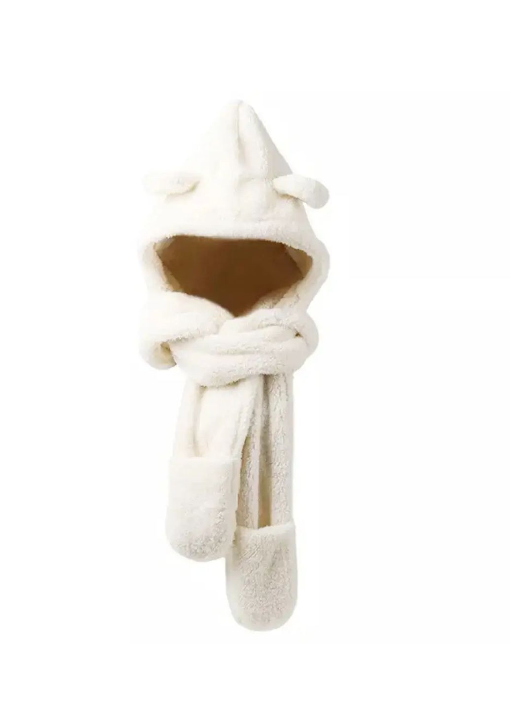 Шапка-капюшон + шарф + рукавицы 3в1 тедди с ушками Белый (0222) No Brand (257495278)