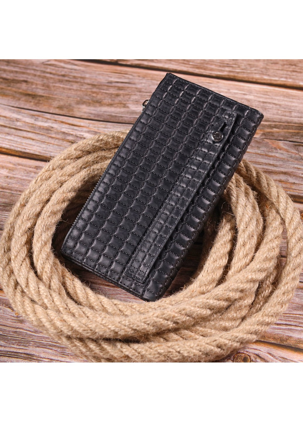 Стеганий вертикальний чоловічий гаманець з натуральної шкіри 21425 Чорний Karya (258267854)