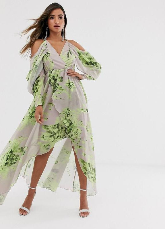 Бежева святковий, вечірня сукня максі з відкритими плечима та квітами Asos з квітковим принтом