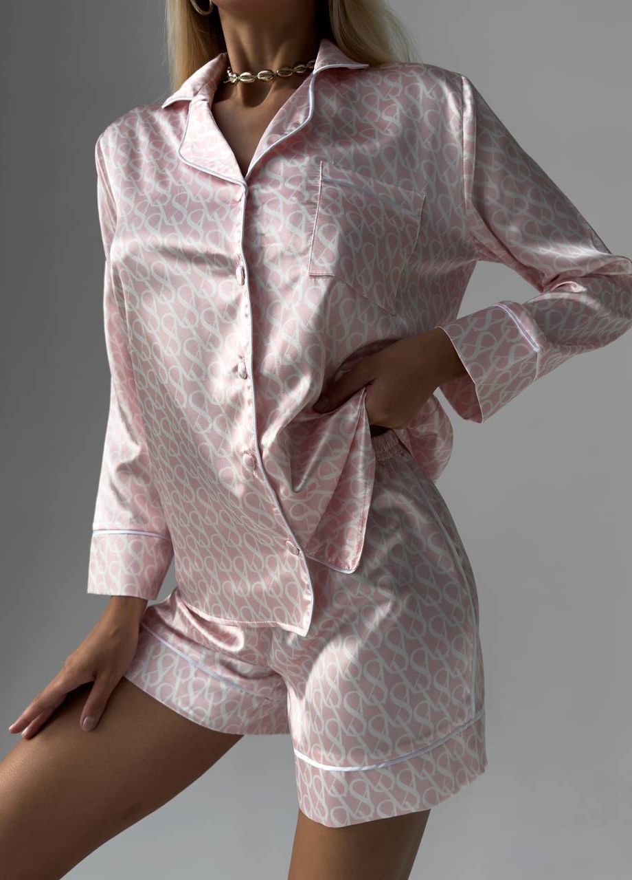 Світло-рожева всесезон стильна піжамка з лого victoria's secret шортиками сорочка + шорти Vakko
