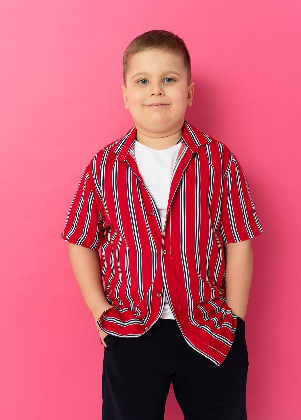 Червоний літній комплект для хлопчика сорочка + футболка + шорти червоний з чорним Yumster