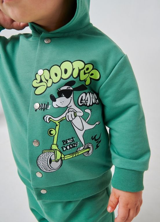 Зелений дитячий костюм (кофта + штанці) | 95% бавовна | демісезон | 80, 86 | малюнок собачка на скутері зелений Smil