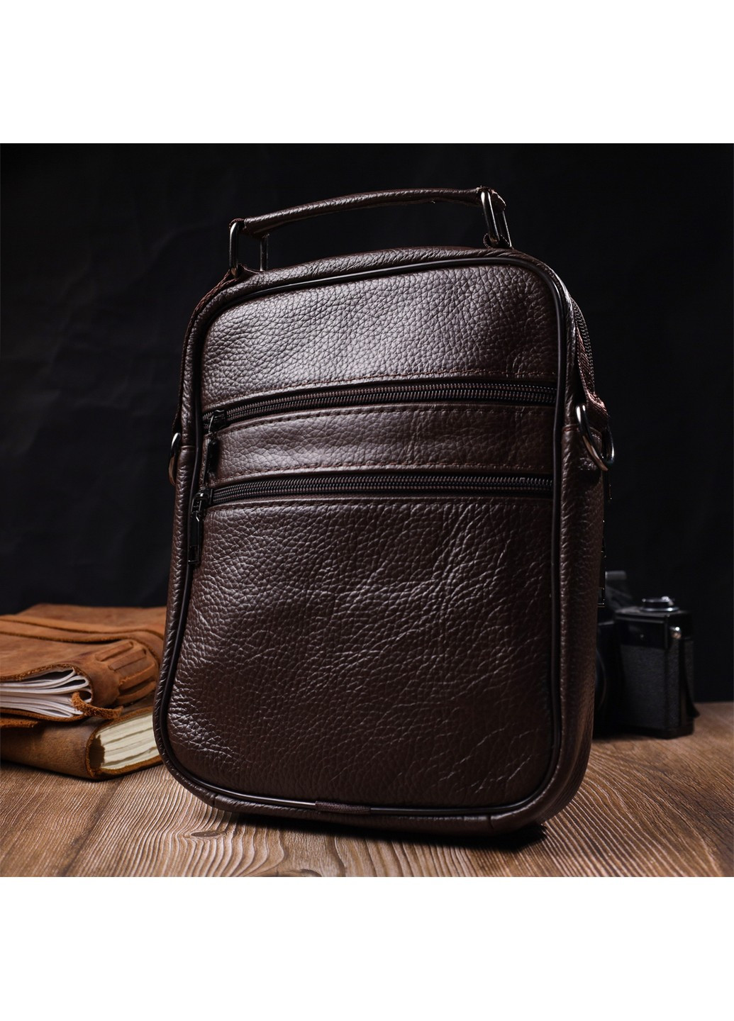 Вертикальная мужская сумка из натуральной кожи 21952 Коричневая Vintage (267932174)
