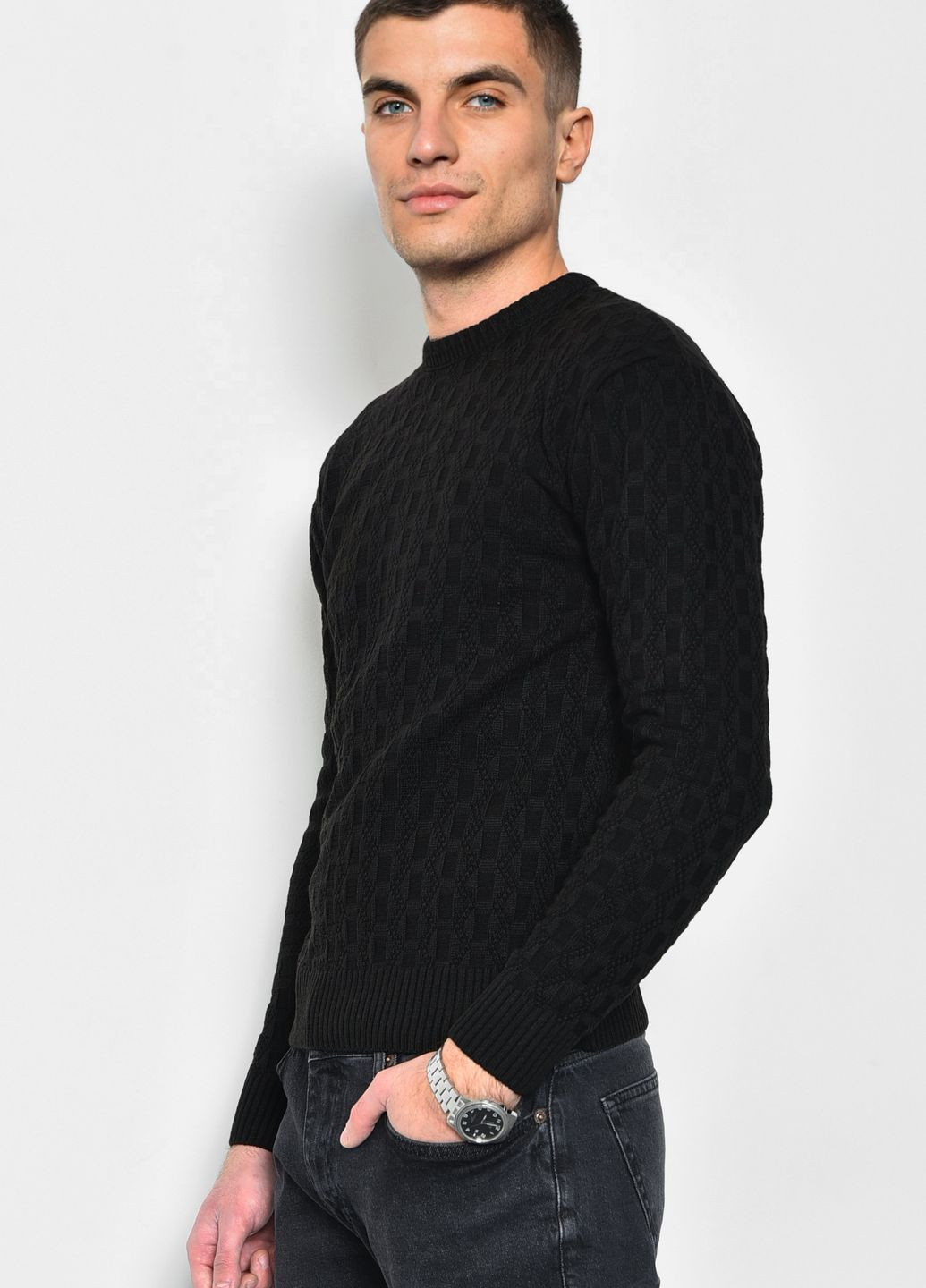 Чорний демісезонний светр чоловічий однотонний чорного кольору пуловер Let's Shop