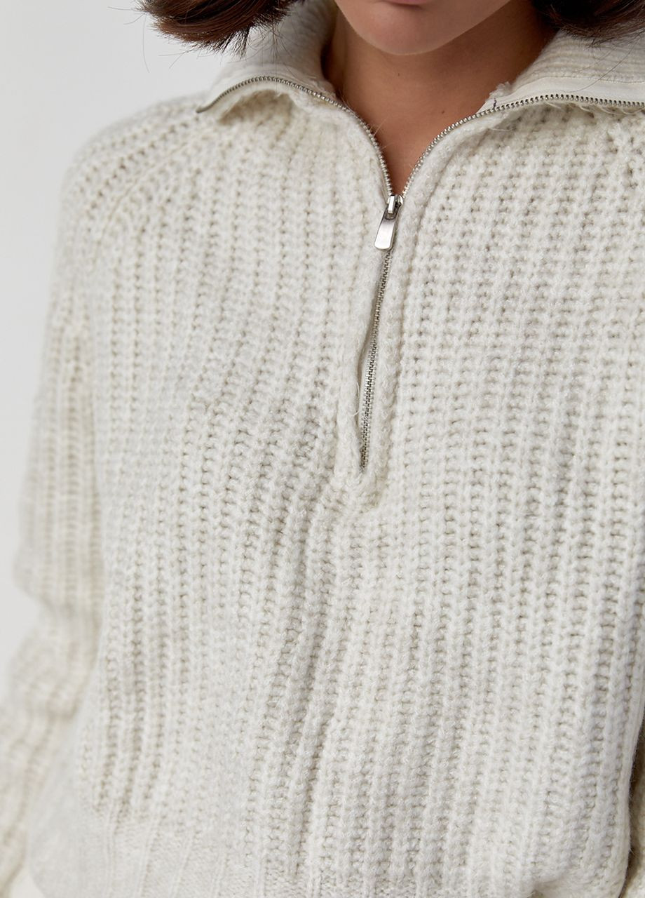 Молочный зимний женский вязаный свитер oversize с воротником на молнии - молочный Lurex