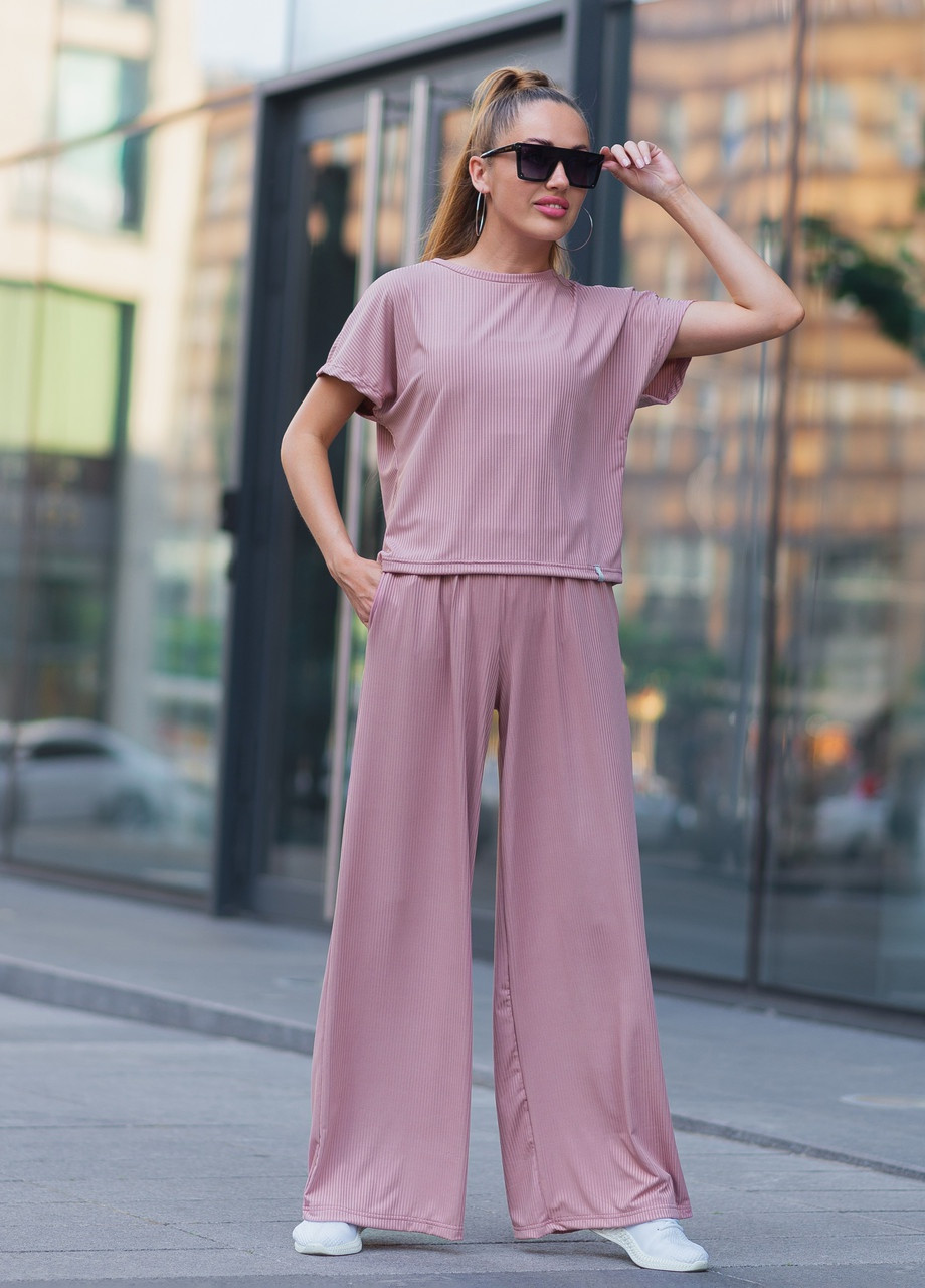 Женский костюм из рубчика футболка и штаны Розовая пудра Maybel (259503812)