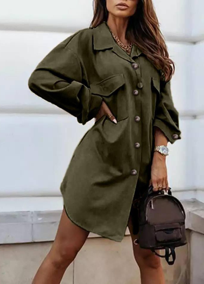 Оливковое (хаки) женское свободное платье на пуговицах цвета хаки р.50/52 407189 New Trend