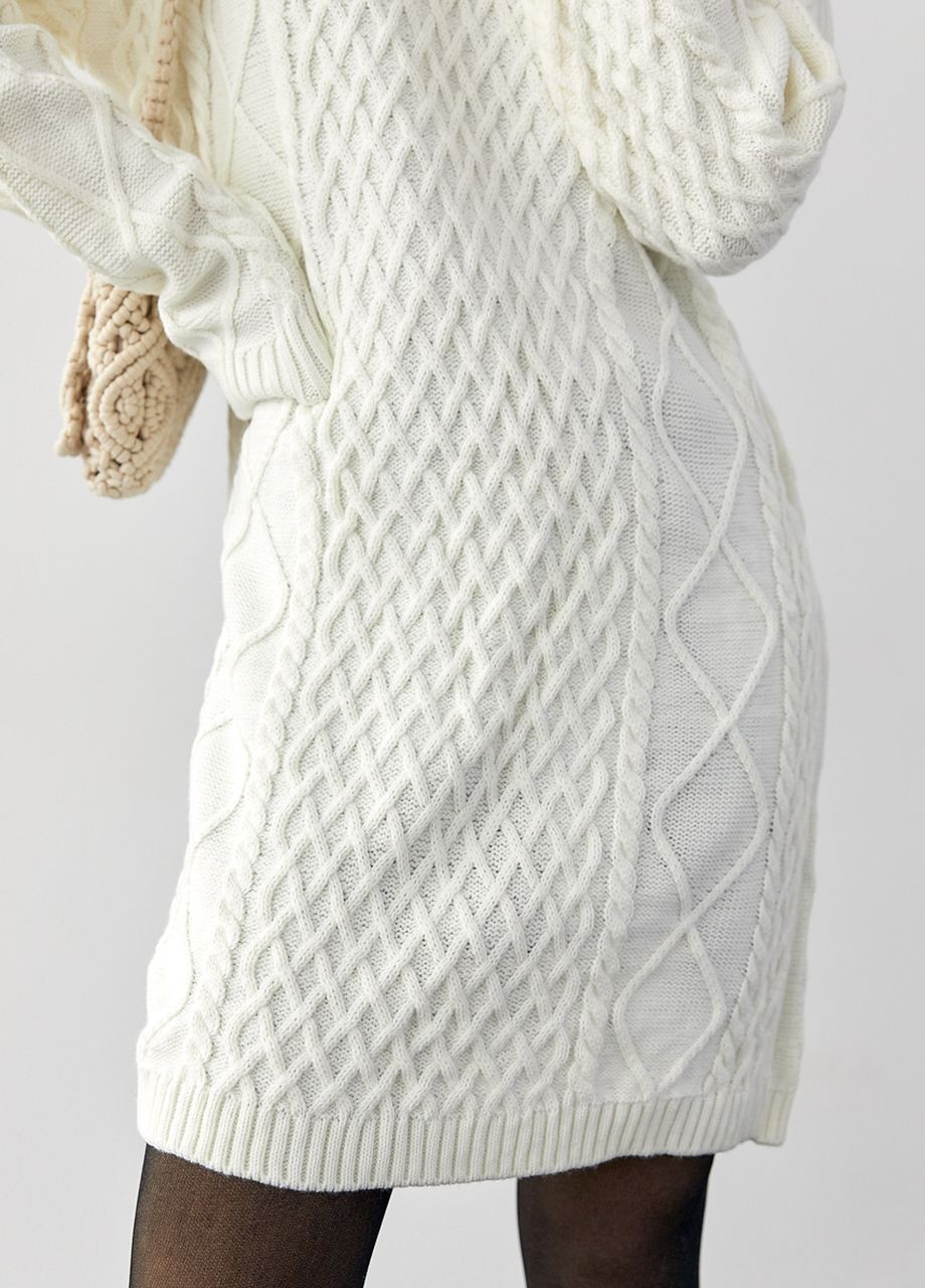 Молочное повседневный вязаное платье-туника с узорами из косичек и ромбов - молочный Lurex