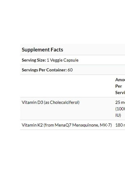 Natural Vitamin K2 MK-7 with MenaQ7 plus Vitamin D3 180 mcg 60 Veg Caps DRB-00404 Doctor's Best (256721453)