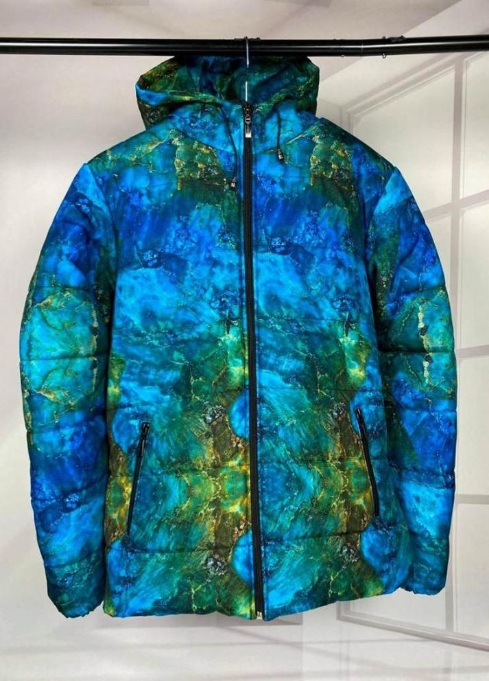 Синя зимня чоловіча синьо-зелена тепла куртка з абстрактним принтом No Brand