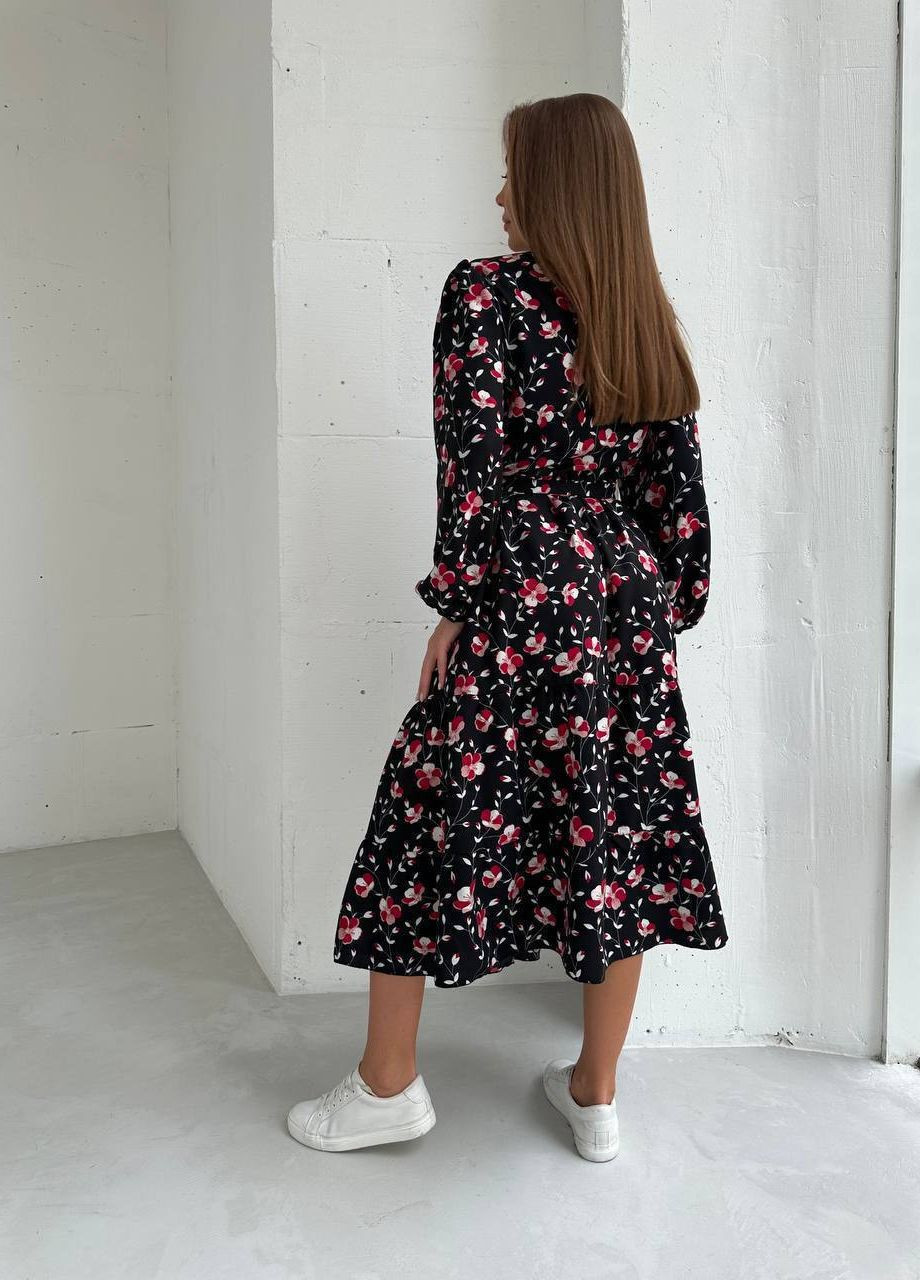Чорна ділова, кежуал жіноча сукня штапель No Brand з квітковим принтом