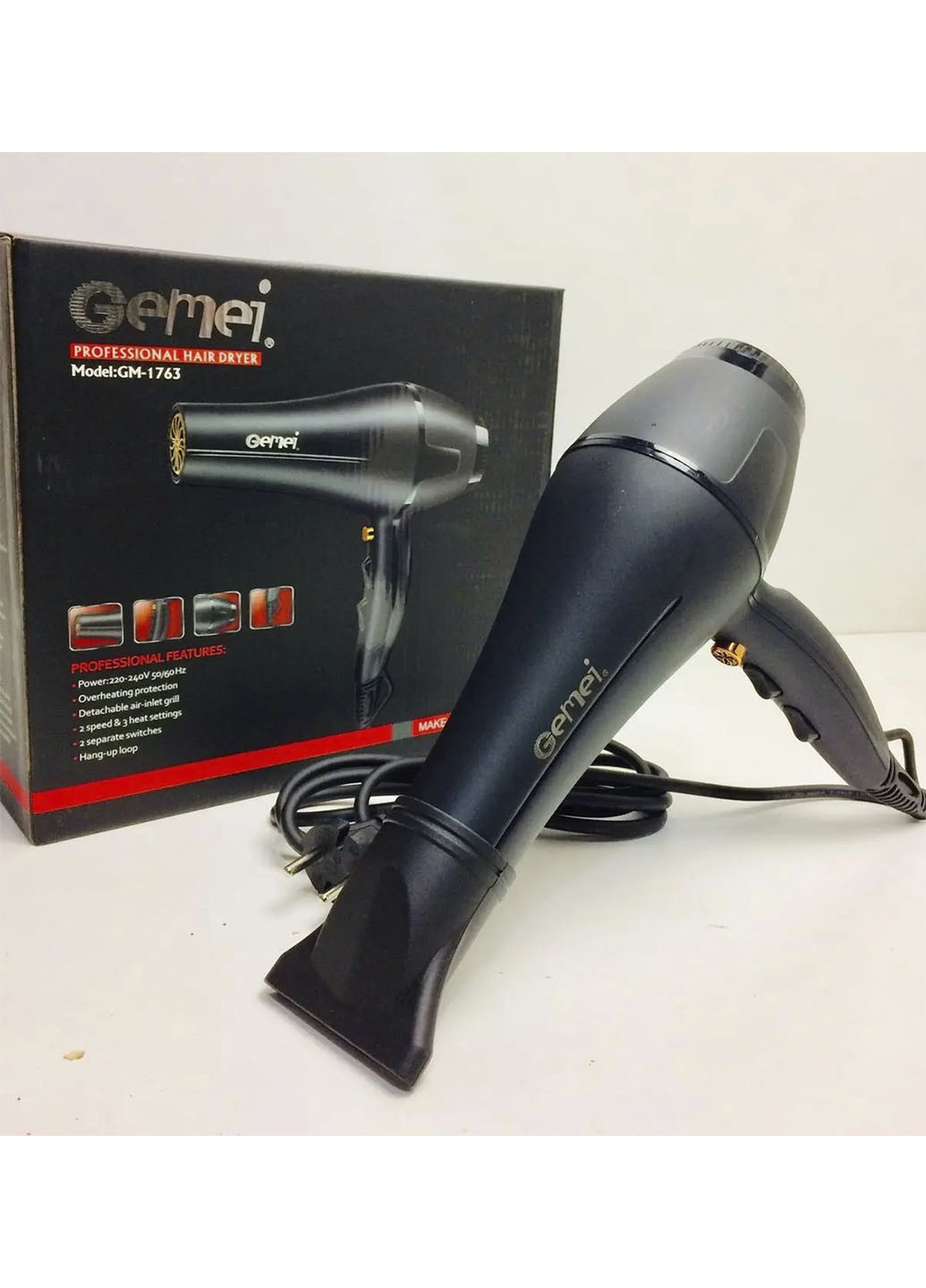 Профессиональный фен для волос классический Pro 2400W мощный фен для сушки и укладки Черный (1763А) Gemei gm-1763 (256671220)