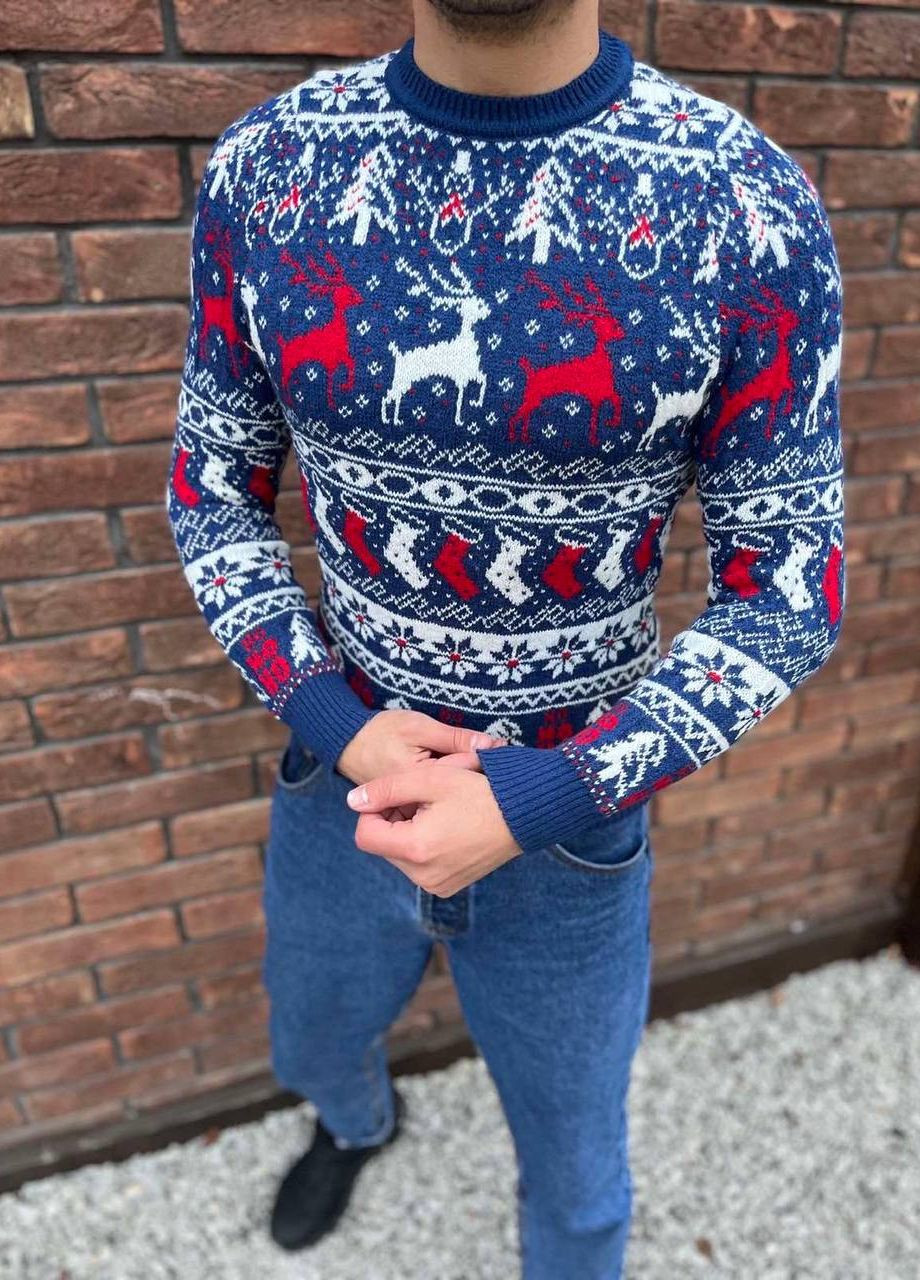 Синий зимний мужской новогодний свитер No Brand