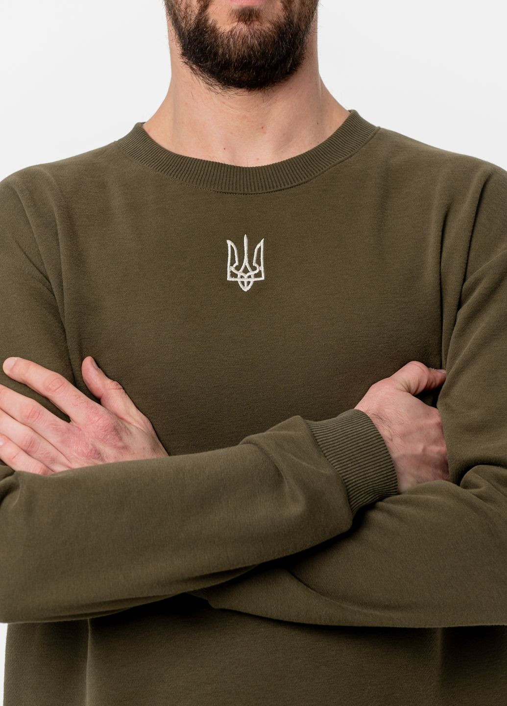 Мужской свитшот с вышивкой "Классический Тризуб" VINCA - крой украинская символика хаки повседневный хлопок, трикотаж - (266340855)
