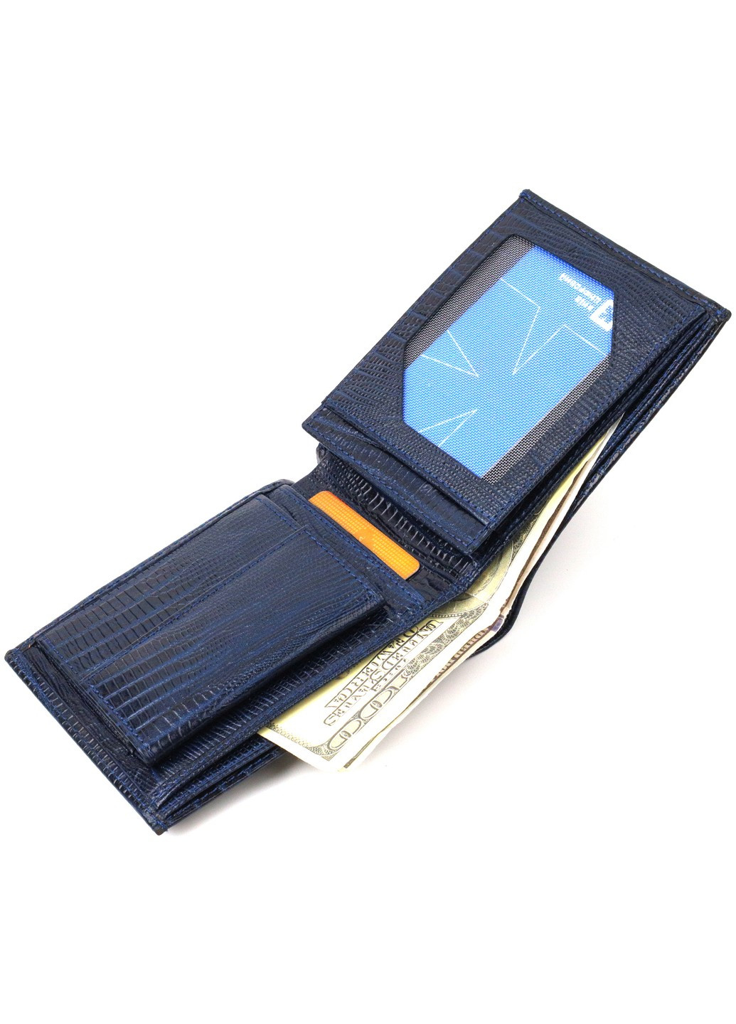 Фактурний стильний гаманець для чоловіків без застібки з натуральної шкіри горизонтального формату 21760 Синій Canpellini (259874037)