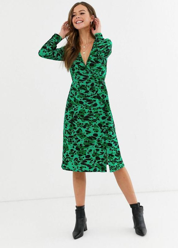 Зеленое зеленое мидиплатье с абстрактным леопардовым принтом и пуговицами tall Influence с животным (анималистичным) принтом