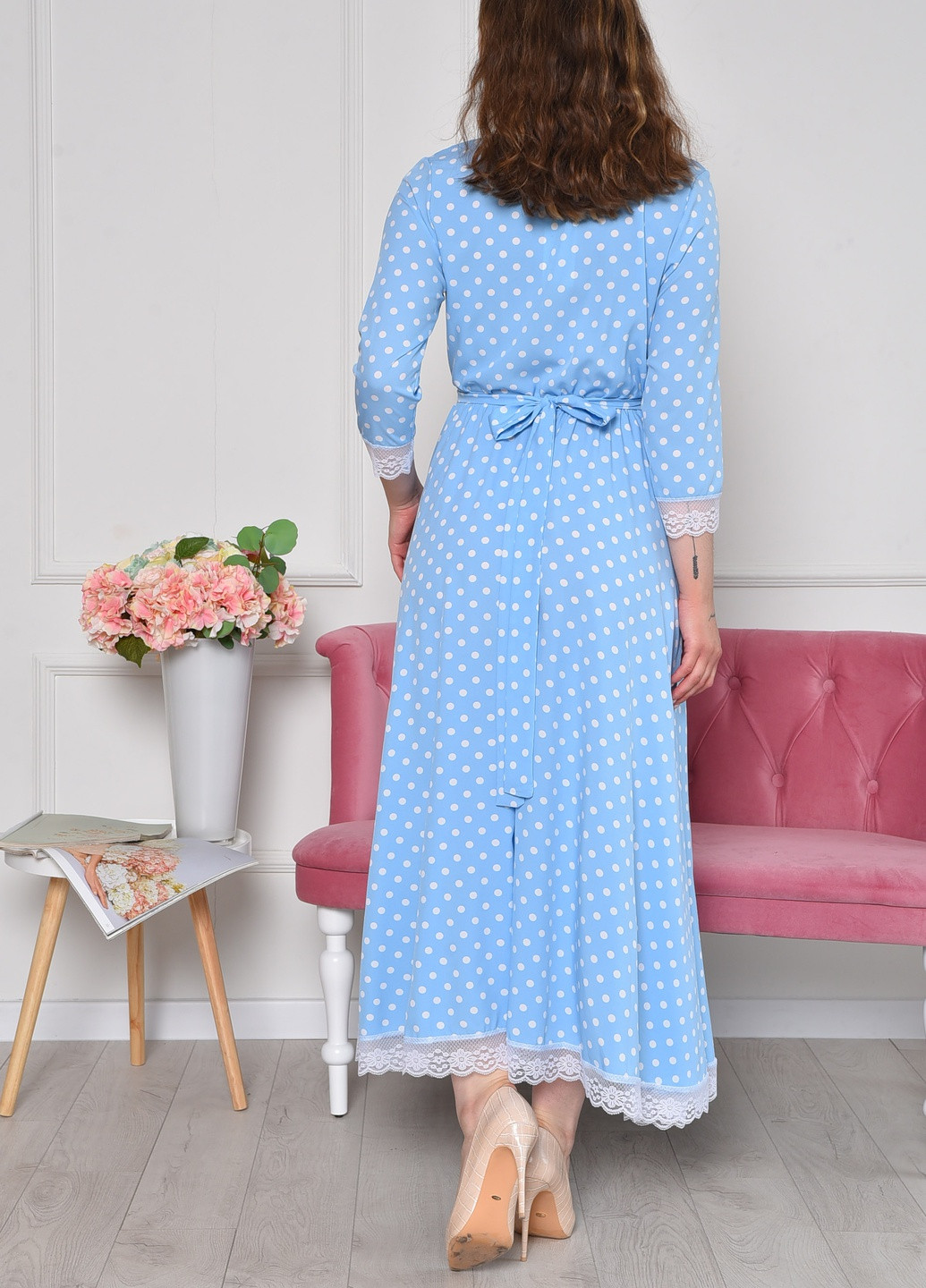 Блакитна коктейльна сукня жіноча балкитного кольору розмір 44-46 оверсайз Let's Shop в горошок