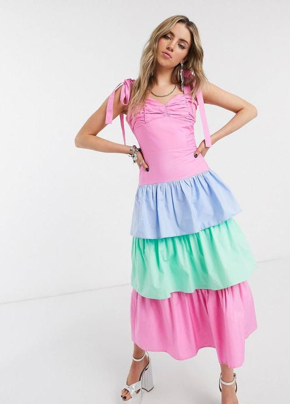 Комбінована святковий, коктейльна, вечірня сукня максі house of stars із зав'язками на плечах та райдужною ярусною спідницею Asos