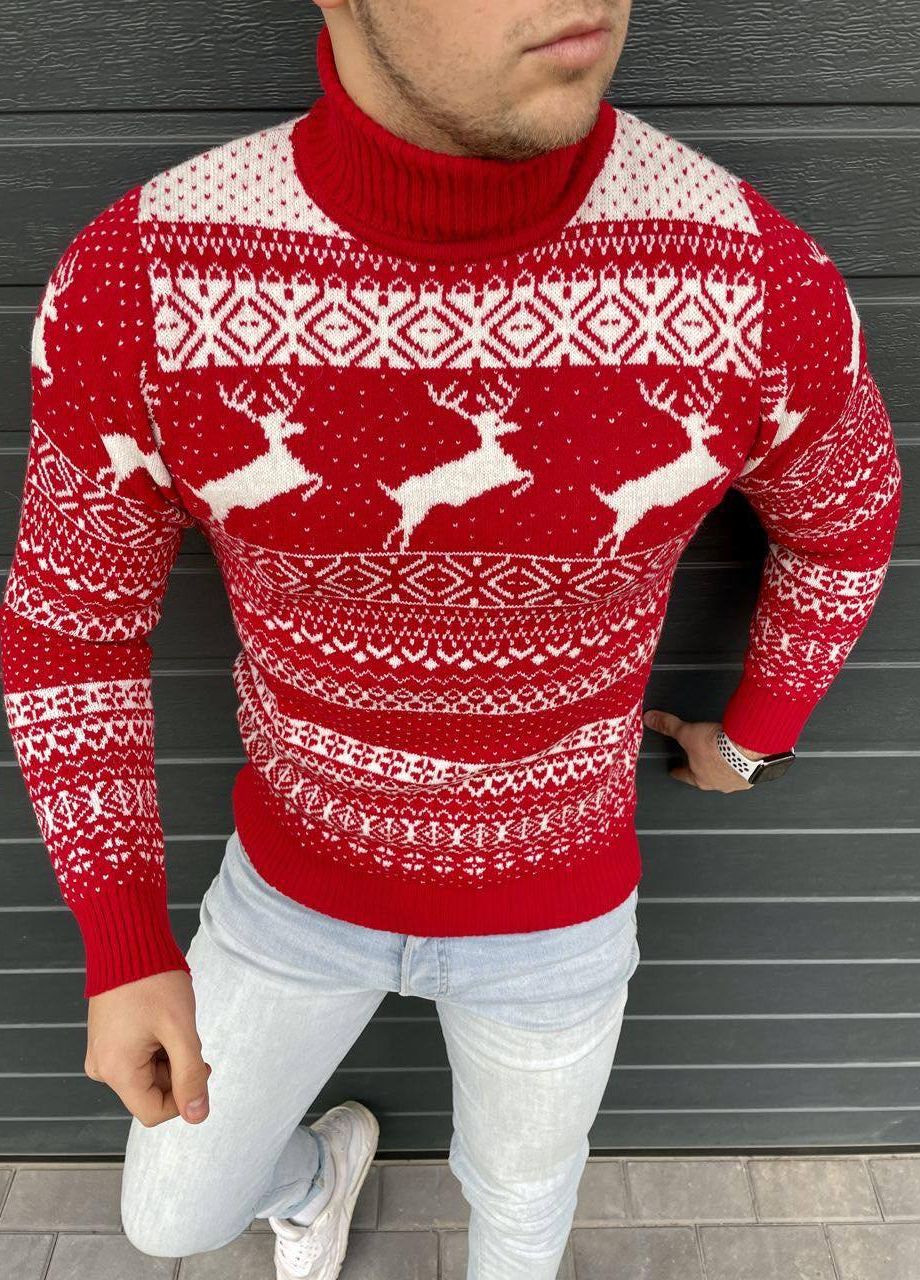 Красный зимний мужской новогодний свитер No Brand