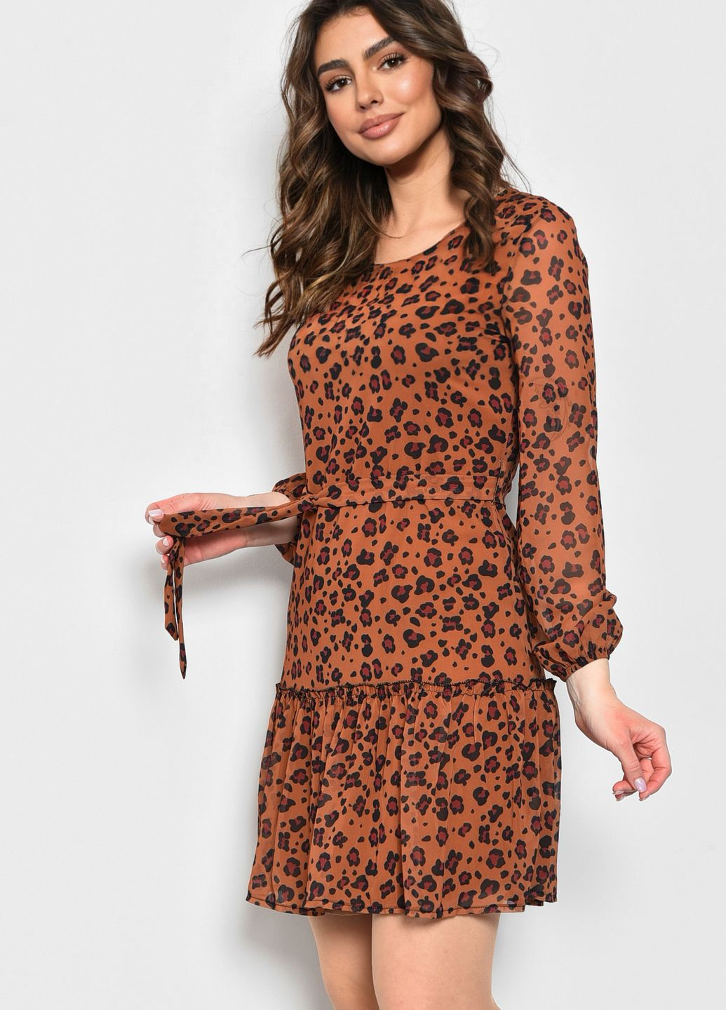 Коричневое кэжуал платье женское коричневого цвета с леопардовым принтом баллон Let's Shop леопардовый