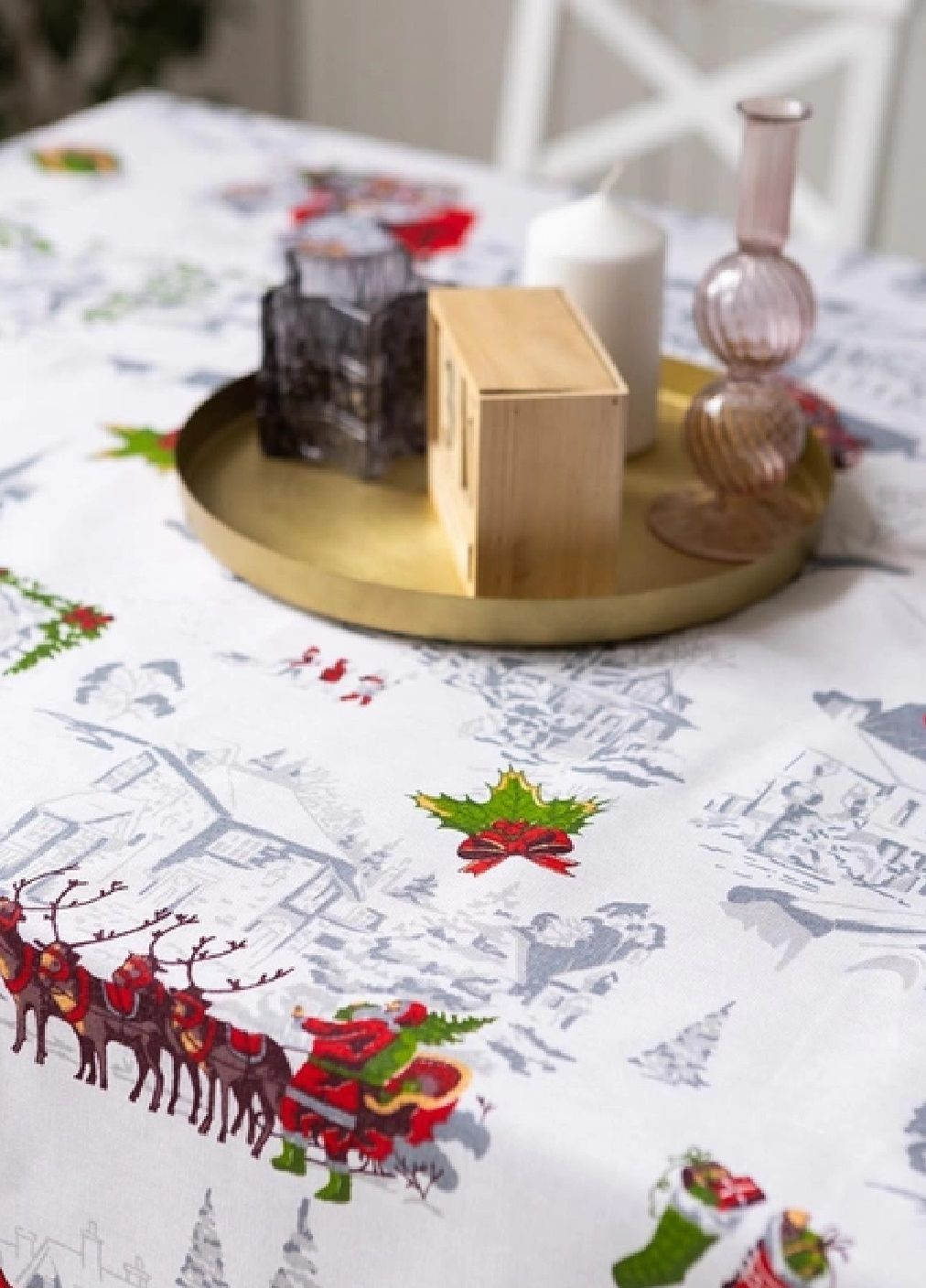 Новорічна святкова лляна бавовняна скатертина накидка на обідній стіл з візерунком 150х110 см (475707-Prob) Санта Unbranded (270090511)