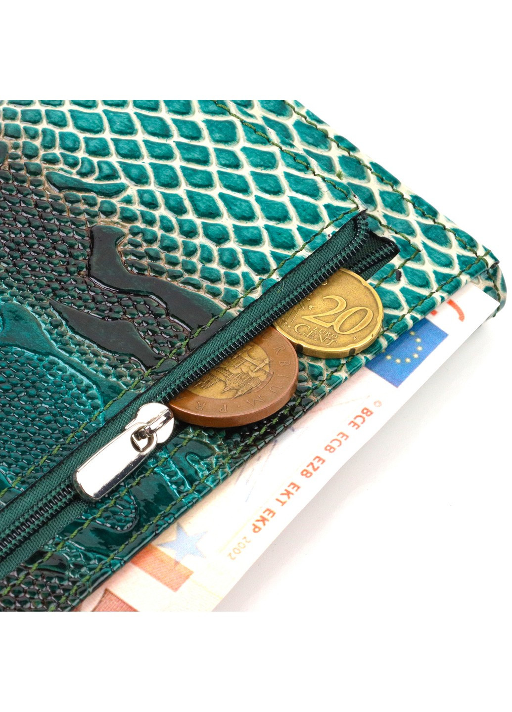Лакований гаманець для жінок із натуральної фактурної шкіри з тисненням під рептилію 21824 Зелений Canpellini (259815821)