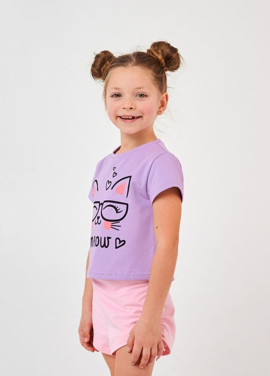 Лілова дитяча футболка | 95% бавовна | демісезон | 92, 98, 104, 110, 116 | зручна, малюнок кішка в окулярах ліловий Smil