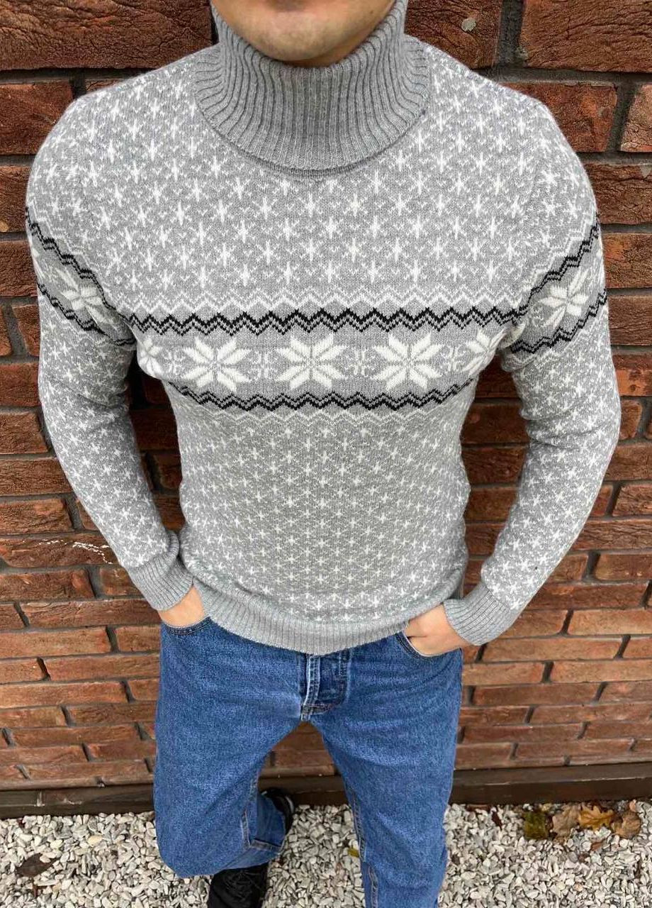 Серый зимний мужской новогодний свитер No Brand